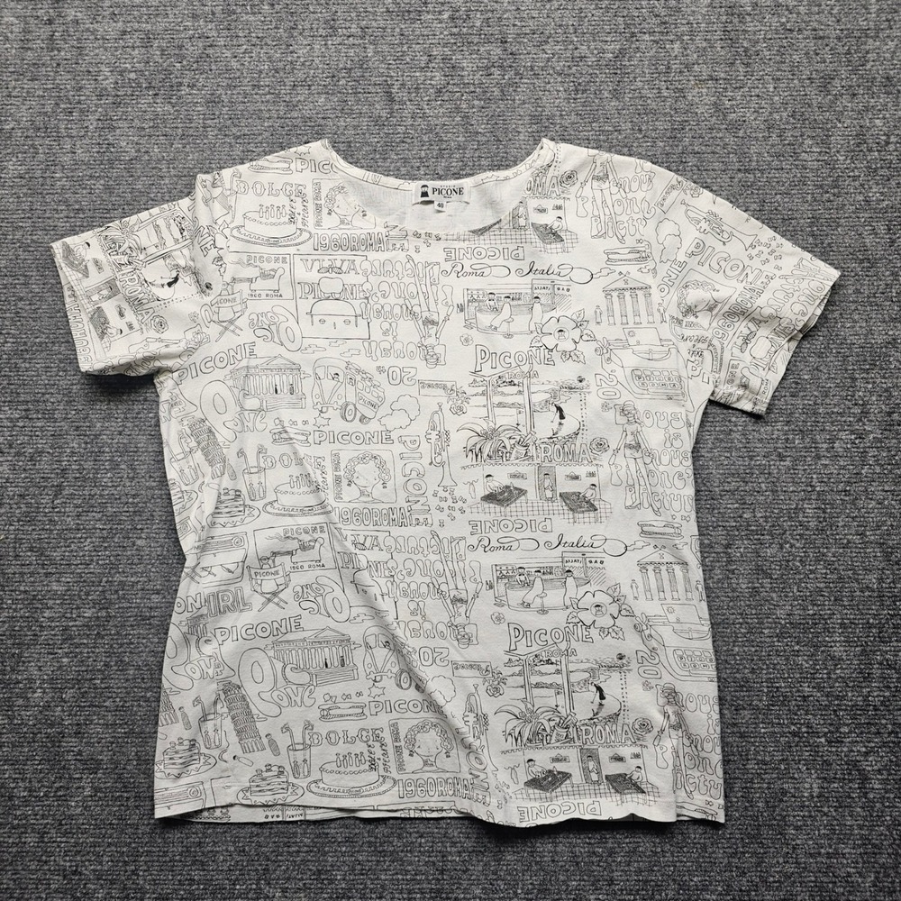 Studio Picone Roma Womens Graphic Tee White Black 1960s Italy Art Print Sz 40